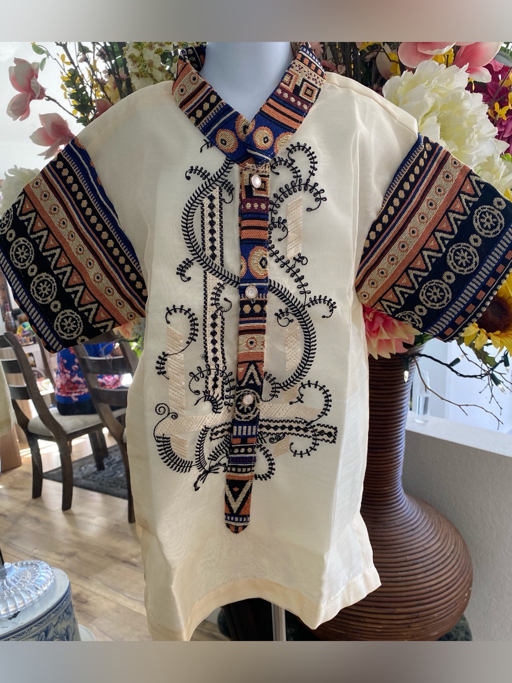 Kids Cream Button-Down Shirt with Tribal Navy & Brown Trim